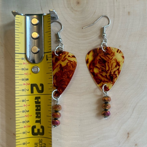 Handmade 90s style Amber colored Guitar Pick Dangle Earrings - Picture 2 of 2